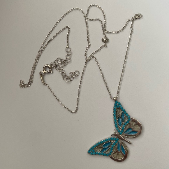 🦋925 Silver butterfly turquoise hand made enamel and stone necklace - Picture 2 of 2